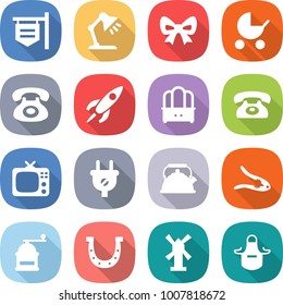flat vector icon set - shop signboard vector, table lamp, bow, baby stroller, phone, rocket, dresser, tv, plug, kettle, walnut crack, hand mill, horseshoe, windmill, apron