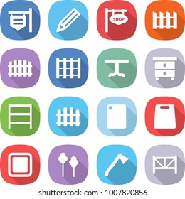 conjunto de iconos de vector plano: vectores de rótulo de tienda, lápiz, valla, palet, mesa, puesto de noche, rack, tablero de corte, árboles, hacha, granja