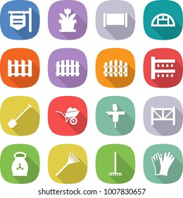 flat vector icon set - shop signboard vector, flower, fence, greenhouse, watering, shovel, wheelbarrow, scarecrow, farm, fertilizer, rake, gloves