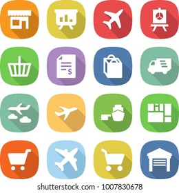 flat vector icon set - shop vector, presentation, plane, basket, account balance, shopping bag, delivery, journey, port, consolidated cargo, cart, airplane, garage
