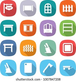 flat vector icon set - shop signboard vector, fence, arch window, table, wardrobe, dresser, rack, stool, stands for knives, cutting board, knife holder, axe, trailer
