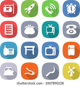 flat vector icon set - shop signboard vector, rocket, call, alarm clock, abacus, purse, tv, phone, stool, fridge, kettle, walnut crack, sickle, windmill