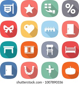 flat vector icon set - shop signboard vector, star, gift, percent, bow, heart, bridge, door, table, wardrobe, chair, crib, horseshoe, scarecrow, pumpkin