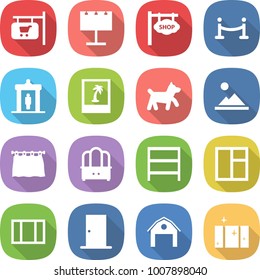 flat vector icon set - shop signboard vector, billboard, vip fence, detector, photo, dog, landscape, curtain, dresser, rack, window, door, barn, clean