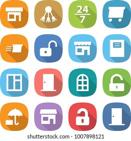 flat vector icon set - shop vector, share, 24 7, delivery, unlock, copybook, window, door, arch, insurance, unlocked