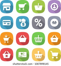 flat vector icon set - shop vector, cart, basket, target audience, card, money gift, percent, crypto currency, add to, remove from, delete, credit