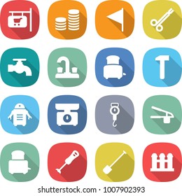 flat vector icon set - shop signboard vector, coin stack, flag, surgical clamp, water tap, toaster, hammer, robot, kitchen scales, handle, garlic clasp, blender, shovel, grain elevator