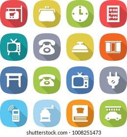 flat vector icon set - shop signboard vector, purse, clock, abacus, tv, phone, service bell, wardrobe, stool, plug, mobile, hand mill, cooking book, car wash