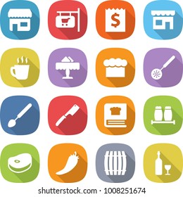 flat vector icon set - shop vector, signboard, receipt, hot drink, restaurant, chief hat, skimmer, big spoon, chef knife, cooking book, salt pepper, steake, barrel, wine