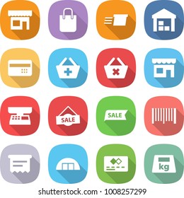 flat vector icon set - shop vector, shopping bag, delivery, warehouse, credit card, add to basket, delete cart, market scales, sale, bar code, atm receipt, hangare, heavy