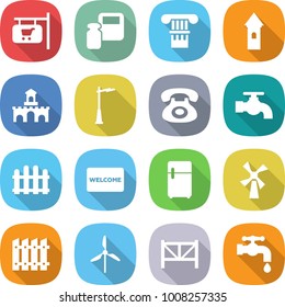 flat vector icon set - shop signboard vector, scales weight, column, tower, fort, outdoor light, phone, water tap, fence, welcome mat, fridge, windmill, farm
