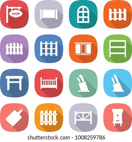 flat vector icon set - shop signboard vector, fence, arch window, pallet, wardrobe, rack, stool, crib, stands for knives, knife holder, cutting board, farm, hive