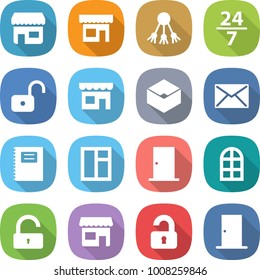 flat vector icon set - shop vector, share, 24 7, unlock, box, mail, copybook, window, door, arch, unlocked