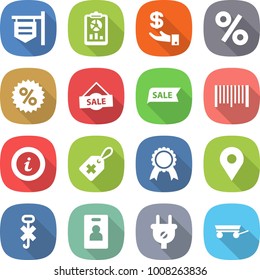 flat vector icon set - shop signboard vector, report, investment, percent, sale, bar code, info, medical label, medal, geo pin, do not hook sign, identity card, plug, trailer
