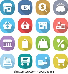 flat vector icon set - shop vector, money, dollar arrow, purse, add to basket, delete cart, store, market, shopping bag, percent, cashbox, delivery, mall