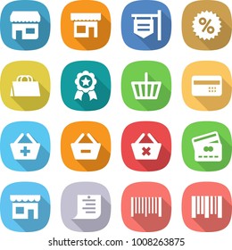 flat vector icon set - shop vector, signboard, percent, shopping bag, medal, basket, credit card, add to, remove from, delete cart, list, bar code