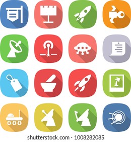 flat vector icon set - shop signboard vector, billboard, rocket, satellite, antenna, laser, ufo, shopping list, label, mortar, photo, lunar rover