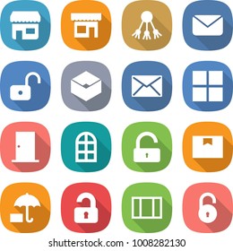 flat vector icon set - shop vector, share, mail, unlock, box, window, door, arch, package, insurance, unlocked