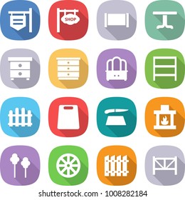 flat vector icon set - shop signboard vector, fence, table, nightstand, chest of drawers, dresser, rack, cutting board, fireplace, trees, wheel, farm