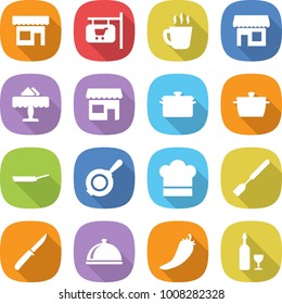 flat vector icon set - shop vector, signboard, hot drink, restaurant, pan, cook hat, spatula, knife, meal cap, pepper, wine