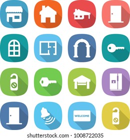 flat vector icon set - shop vector, home, house with garage, door, arch window, plan, key, do not distrub, fridge, bell, welcome mat