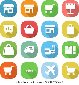 flat vector icon set - shop vector, cart, billboard, presentation, basket, shopping bag, delivery, mall, consolidated cargo, plane, airplane