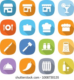 flat vector icon set - shop vector, cocktail, cafe, pan, cook hat, chief, knife, meat hammer, salt pepper, grater, meal cap, hot, barrel, wine