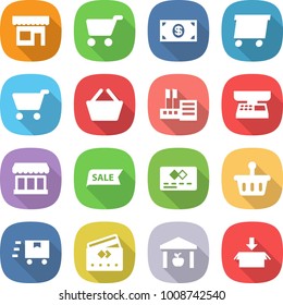 flat vector icon set - shop vector, cart, money, delivery, basket, store, market scales, sale, credit card, fast deliver, warehouse, package