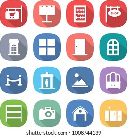 flat vector icon set - shop signboard vector, billboard, abacus, building, window, door, arch, vip fence, detector, landscape, dresser, rack, camera, barn, clean