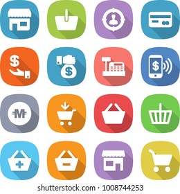 flat vector icon set - shop vector, basket, target audience, card, investment, money gift, cashbox, phone pay, crypto currency, add to cart, remove from
