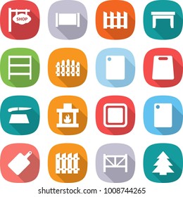 flat vector icon set - shop signboard vector, fence, table, rack, cutting board, fireplace, farm, spruce