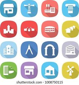 flat vector icon set - shop vector, lighthouse, store, column, castle, drawbridge, airport building, houses, drawing compasses, arch, office, hotel, home, windmill