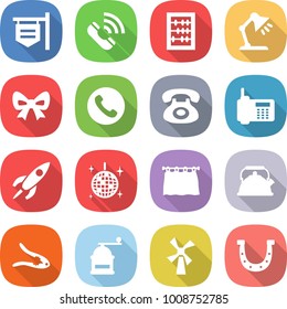 flat vector icon set - shop signboard vector, call, abacus, table lamp, bow, phone, rocket, disco ball, curtain, kettle, walnut crack, hand mill, windmill, horseshoe