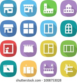 flat vector icon set - shop vector, mansion, cottage, window, arch, flower in, curtain, browser, clean, skysrcapers cleaning, skyscrapers