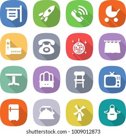 flat vector icon set - shop signboard vector, rocket, call, baby stroller, church, phone, disco ball, curtain, table, dresser, chair, tv, fridge, kettle, windmill, apron