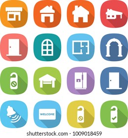flat vector icon set - shop vector, home, house with garage, door, arch window, plan, do not distrub, fridge, bell, welcome mat, please clean