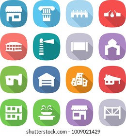 flat vector icon set - shop vector, column, bridge, drawbridge, airport building, lighthouse, fence, minaret, slum, garage, modern architecture, house with, modular, fountain, farm