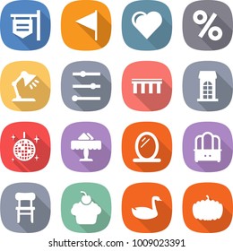 flat vector icon set - shop signboard vector, flag, heart, percent, table lamp, equalizer, bridge, building, disco ball, restaurant, mirror, dresser, chair, cupcake, goose, pumpkin