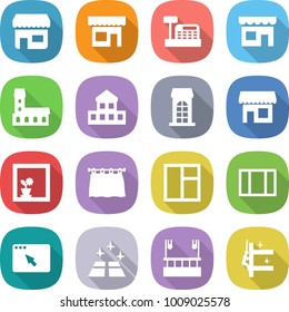 flat vector icon set - shop vector, cashbox, mansion, cottage, building, flower in window, curtain, browser, clean floor, skysrcapers cleaning, skyscrapers