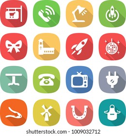flat vector icon set - shop signboard vector, call, table lamp, rocket, bow, church, disco ball, phone, tv, plug, walnut crack, windmill, horseshoe, apron