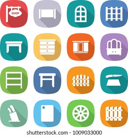 flat vector icon set - shop signboard vector, fence, arch window, pallet, table, chest of drawers, wardrobe, dresser, rack, stool, cutting board, stands for knives, wheel
