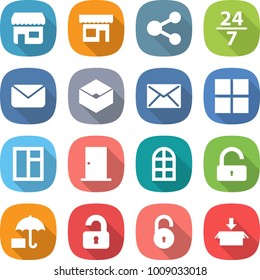 flat vector icon set - shop vector, share, 24 7, mail, box, window, door, arch, unlock, insurance, unlocked, package