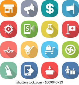 flat vector icon set - shop vector, loudspeaker, dollar, flag, sun power, mobile pay, flask, medical, plane, trolley, baggage, cooler fan, stands for knives, touchscreen, package, kitchen cleaning