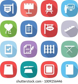 flat vector icon set - shop signboard vector, billboard, presentation, cardio chip, clipboard, stairs, check, inventory, pallet, iron board, cutting