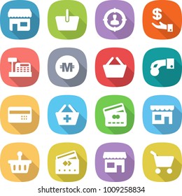 flat vector icon set - shop vector, basket, target audience, investment, cashbox, crypto currency, hand coin, credit card, add to, cart