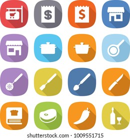 flat vector icon set - shop signboard vector, receipt, pan, skimmer, spatula, big spoon, knife, cooking book, steake, hot pepper, wine