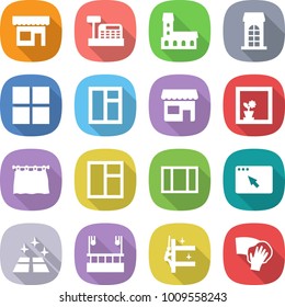 flat vector icon set - shop vector, cashbox, mansion, building, window, flower in, curtain, browser, clean floor, skysrcapers cleaning, skyscrapers, wiping