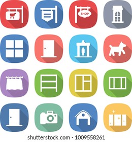 flat vector icon set - shop signboard vector, building, window, door, detector, dog, curtain, rack, camera, barn, clean