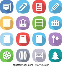flat vector icon set - shop signboard vector, pencil, abacus, chest of drawers, dresser, rack, fence, cutting board, trees, wheel, barrel, farm, spruce