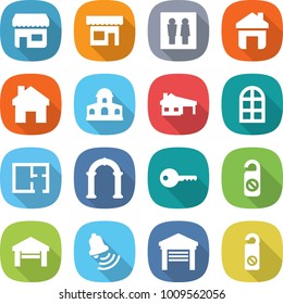 flat vector icon set - shop vector, wc, home, mansion, house with garage, arch window, plan, key, do not distrub, bell